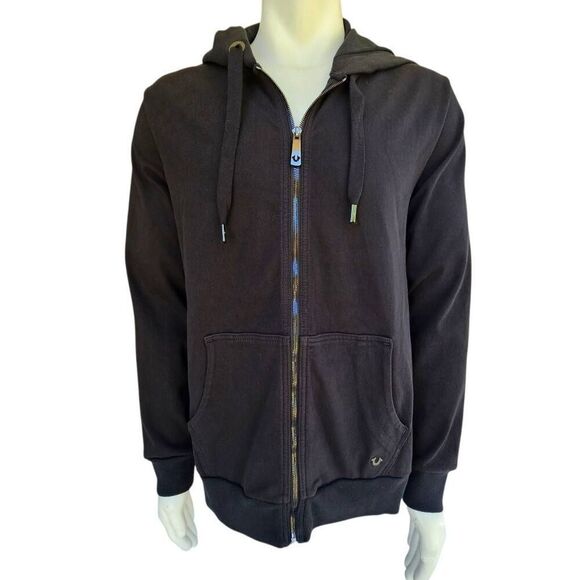 True Religion Men’s Black Full Zip Hoodie Sweatshirt Logo Drawstring Pockets L - Picture 2 of 10